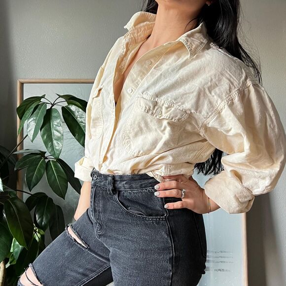Vtg 90s minimlist button down blouse cotton ramie Oversized Long Sleeve Medium - Picture 7 of 10